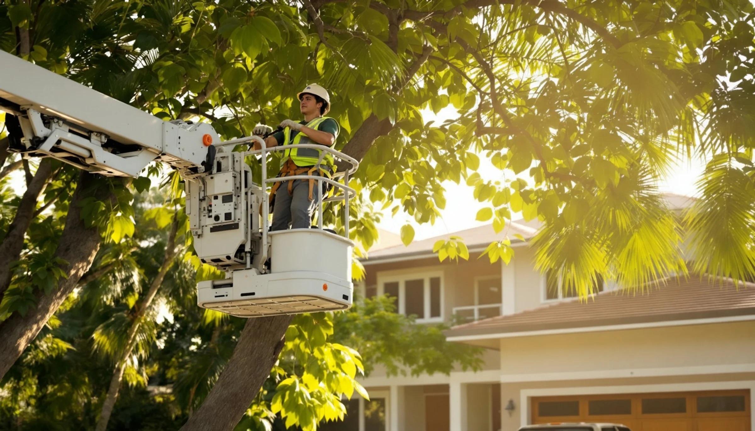 Professional tree trimming service with bucket lift in Hawaii